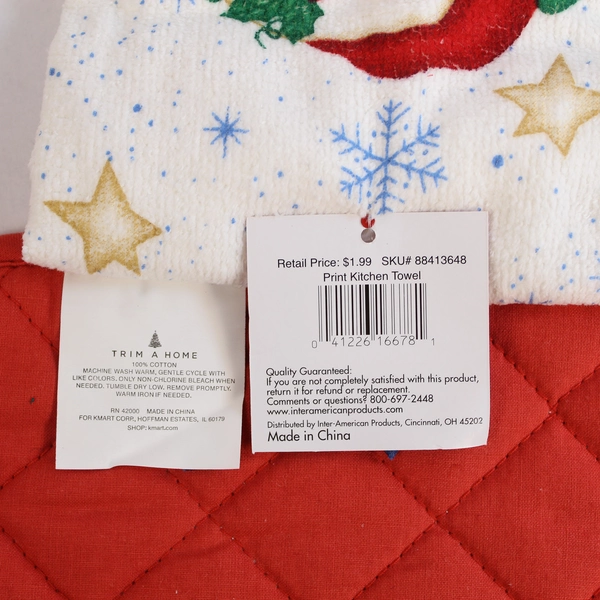 Lot of 4 Christmas Kitchen Linens 2 Festive Towels & 2 Santa Pot Holders