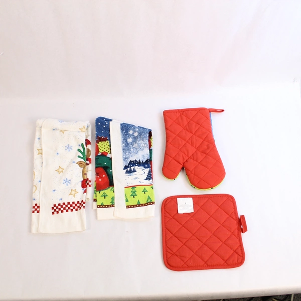 Lot of 4 Christmas Kitchen Linens 2 Festive Towels & 2 Santa Pot Holders