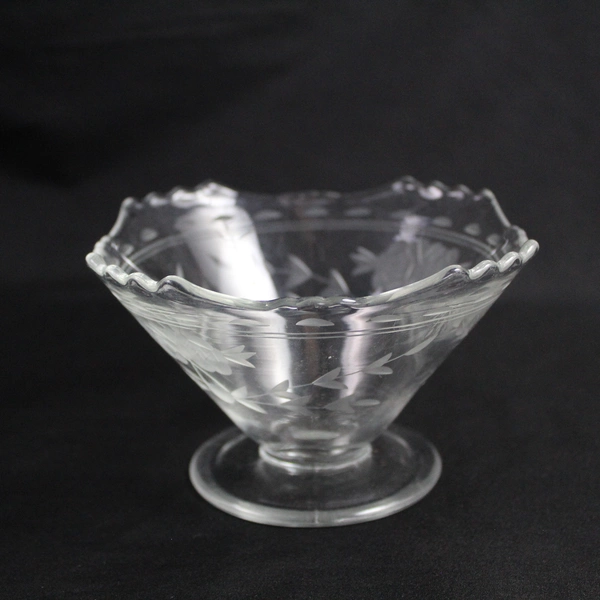Vintage Etched Crystal Footed Sherbet Bowl Roses & Vines Floral Design