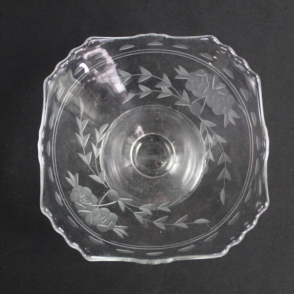 Vintage Etched Crystal Footed Sherbet Bowl Roses & Vines Floral Design