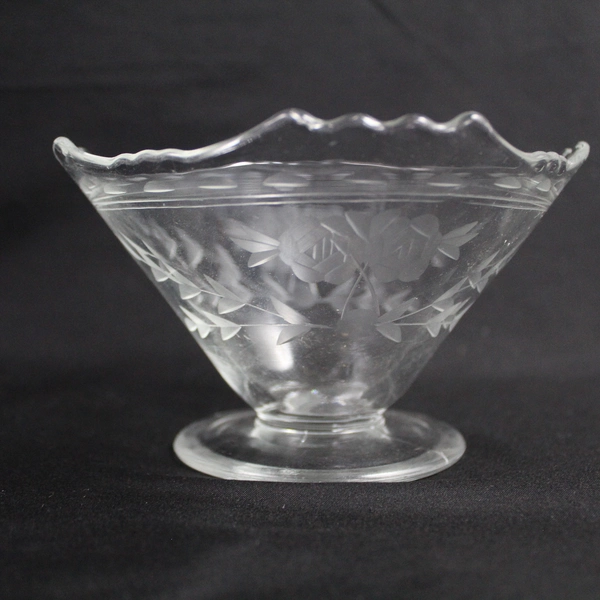Vintage Etched Crystal Footed Sherbet Bowl Roses & Vines Floral Design