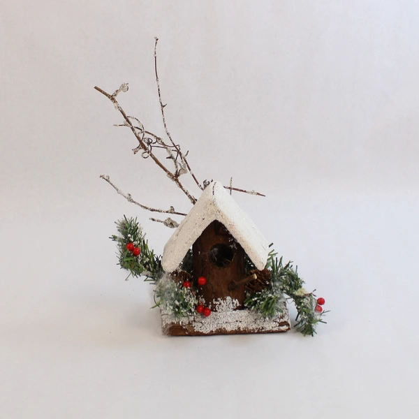 Decorative Winter Christmas Bird House Table Decor Faux Snow Holly 9" Tall