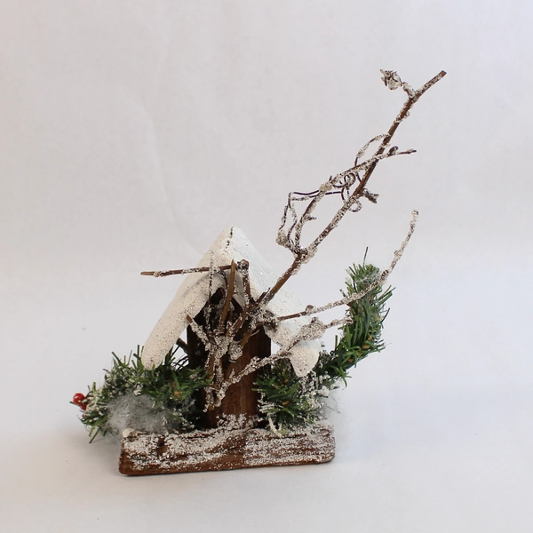 Decorative Winter Christmas Bird House Table Decor Faux Snow Holly 9" Tall