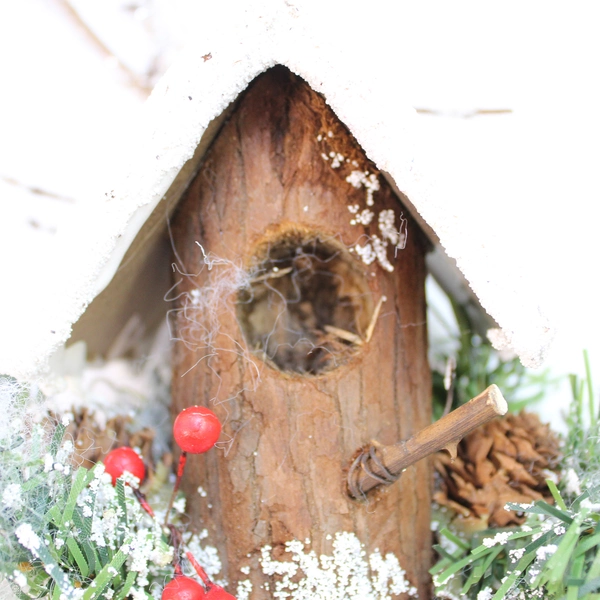 Decorative Winter Christmas Bird House Table Decor Faux Snow Holly 9" Tall
