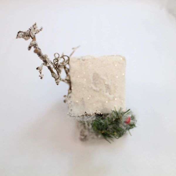 Decorative Winter Christmas Bird House Table Decor Faux Snow Holly 9" Tall