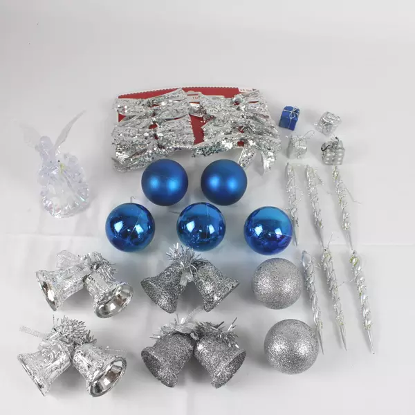 Lot of Silver & Blue Christmas Ornaments - Bells, Bows, Angel & Icicles