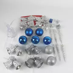 Lot of Silver & Blue Christmas Ornaments - Bells, Bows, Angel & Icicles