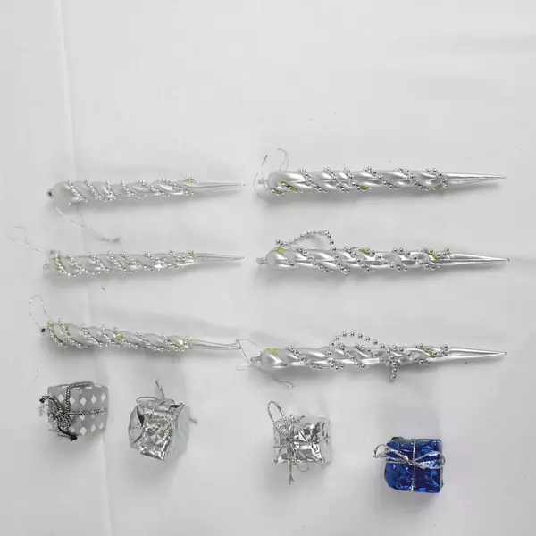 Lot of Silver & Blue Christmas Ornaments - Bells, Bows, Angel & Icicles