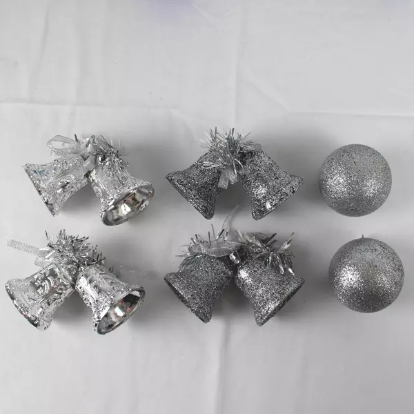 Lot of Silver & Blue Christmas Ornaments - Bells, Bows, Angel & Icicles