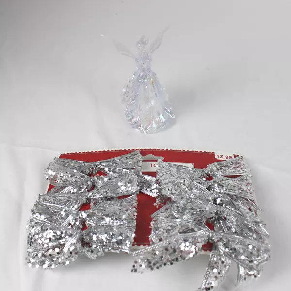 Lot of Silver & Blue Christmas Ornaments - Bells, Bows, Angel & Icicles