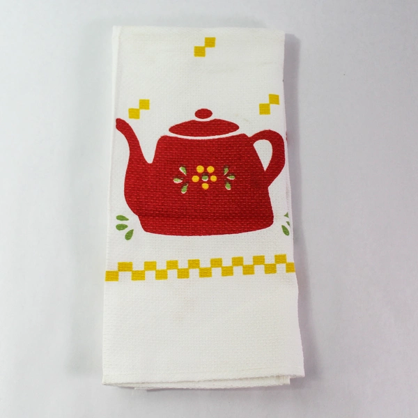 Vintage Riegel Waffle Knit Red Teapot Kitchen Dish Hand Towel White Yellow