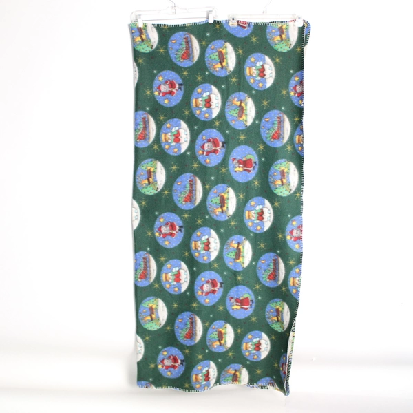 Hand Hemmed Christmas Throw Blanket Green Fleece Reindeer Santa Snowmen 60x57