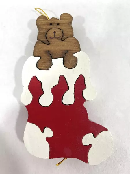 Lot of 3 Wood Puzzle Christmas Ornaments Angel Stocking House Decor