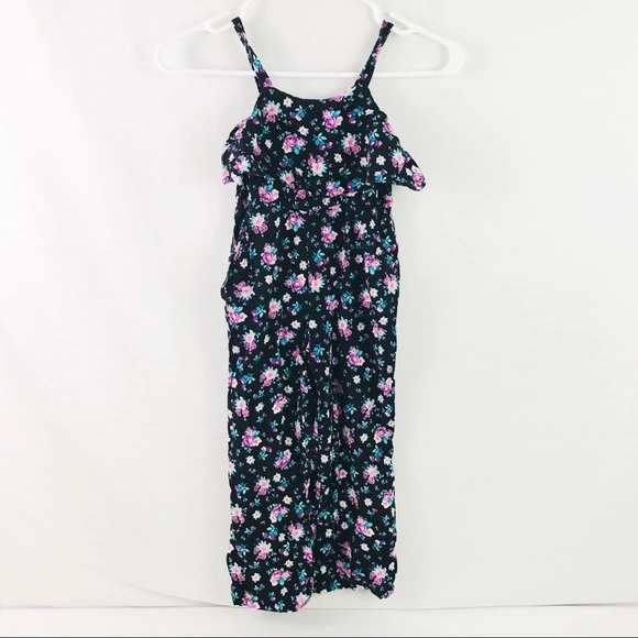 Justice Girls Floral Jumpsuit Size 5 Black Purple Sleeveless with Pockets