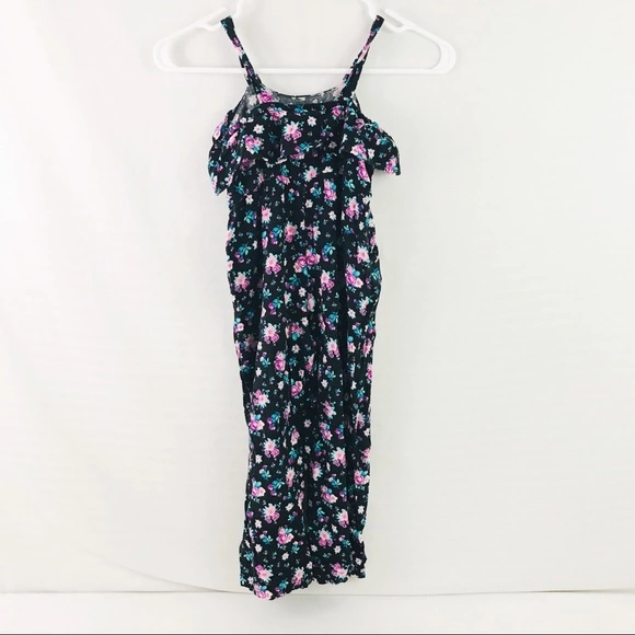 Justice Girls Floral Jumpsuit Size 5 Black Purple Sleeveless with Pockets