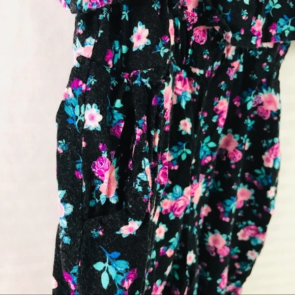 Justice Girls Floral Jumpsuit Size 5 Black Purple Sleeveless with Pockets
