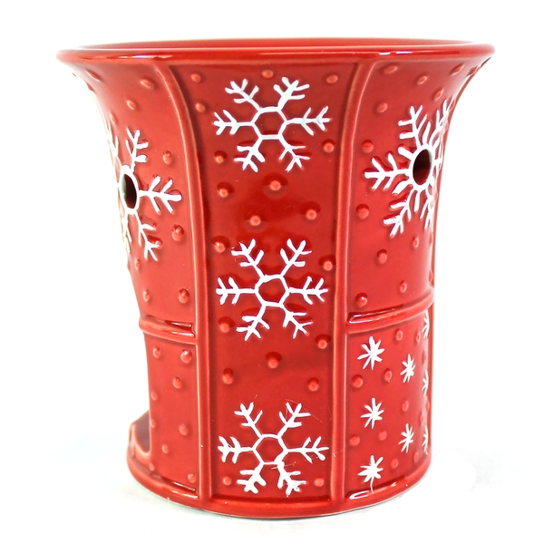Red Snowflake Ceramic Tealight Candle Warmer 5" Tall Holiday Decor