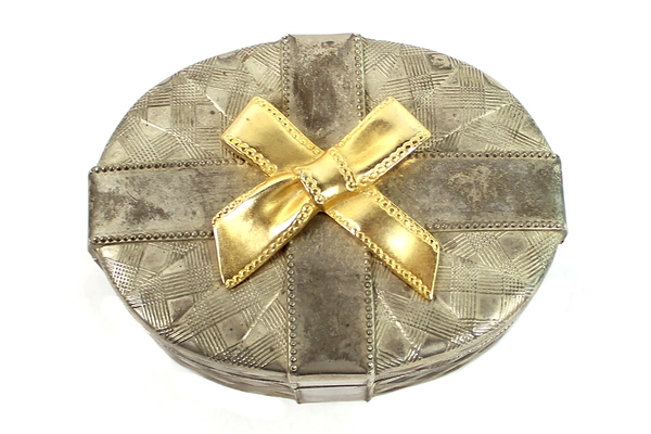 Vintage Brass Trinket Box 5" Oval Metal Jewelry Box with Gold Bow Design