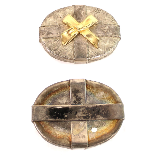 Vintage Brass Trinket Box 5" Oval Metal Jewelry Box with Gold Bow Design