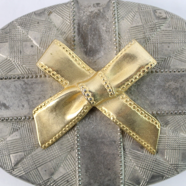Vintage Brass Trinket Box 5" Oval Metal Jewelry Box with Gold Bow Design