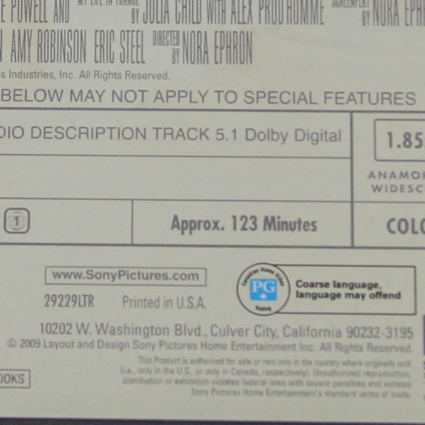 Julie And Julia DVD Meryl Streep Amy Adams 2009 Sony