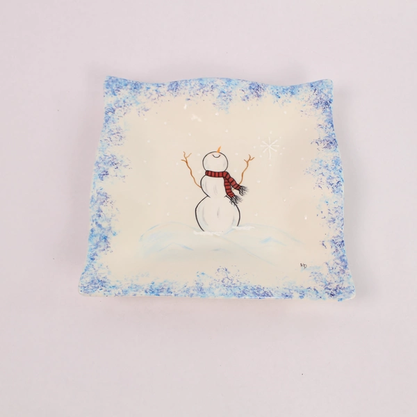 Hand Painted Christmas Snowman Cookie Platter Blue White Square 9.75"