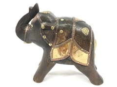 Vintage Hand-Carved Wooden Elephant Figurine with Copper Brass Decor 6.5"