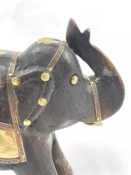Vintage Hand-Carved Wooden Elephant Figurine with Copper Brass Decor 6.5"