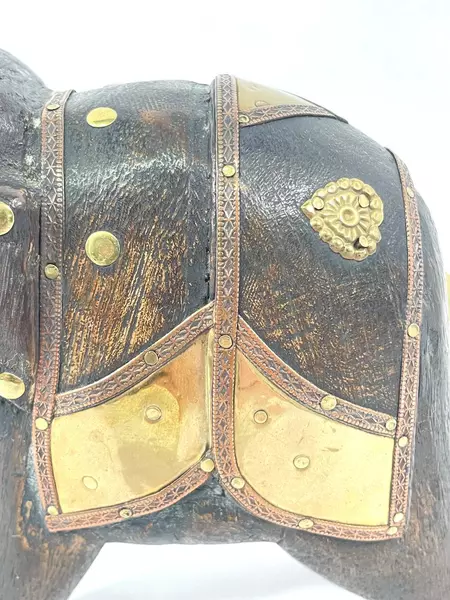 Vintage Hand-Carved Wooden Elephant Figurine with Copper Brass Decor 6.5"