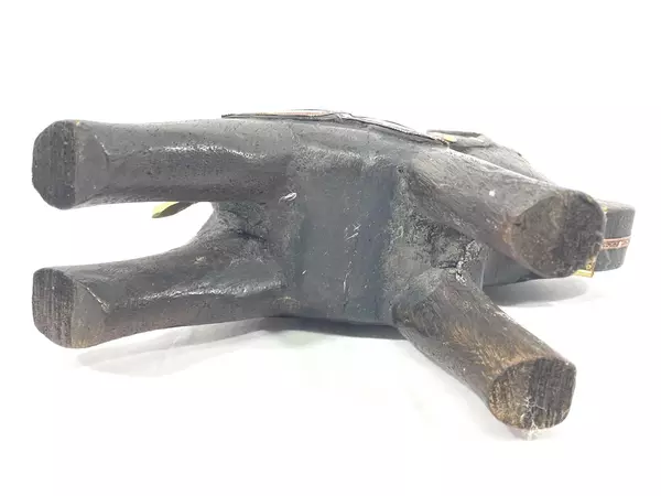 Vintage Hand-Carved Wooden Elephant Figurine with Copper Brass Decor 6.5"