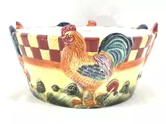Vigor Embossed Rooster Ceramic Salad Bowl 9.75" Red Checkered Band Vintage