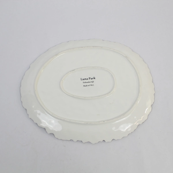 Luna Park 11" Oval Serving Plate Silver Rim White Embossed Dishwasher Safe