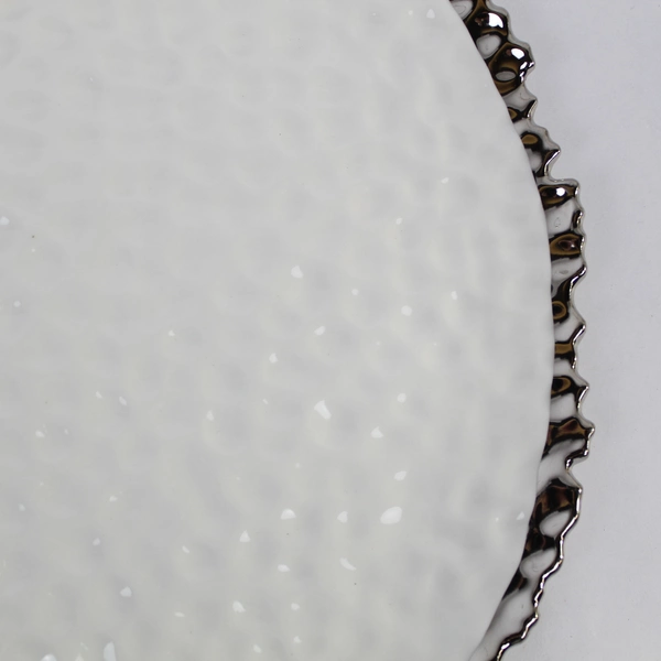 Luna Park 11" Oval Serving Plate Silver Rim White Embossed Dishwasher Safe