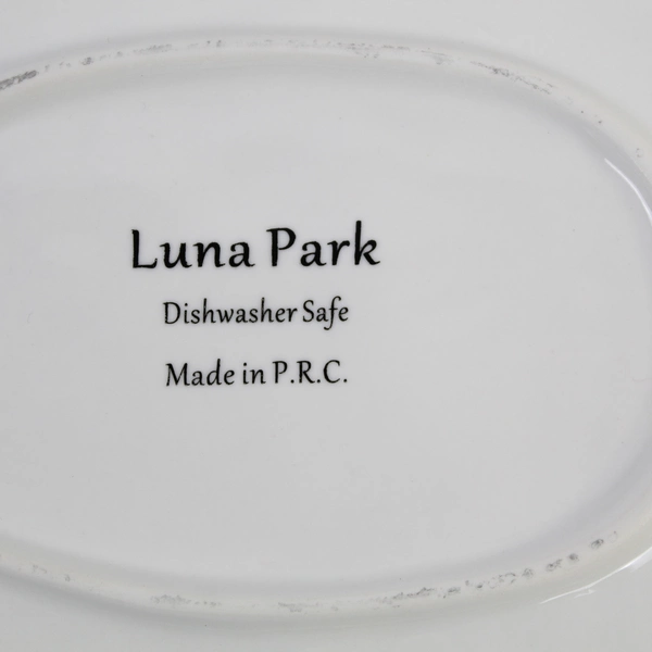 Luna Park 11" Oval Serving Plate Silver Rim White Embossed Dishwasher Safe
