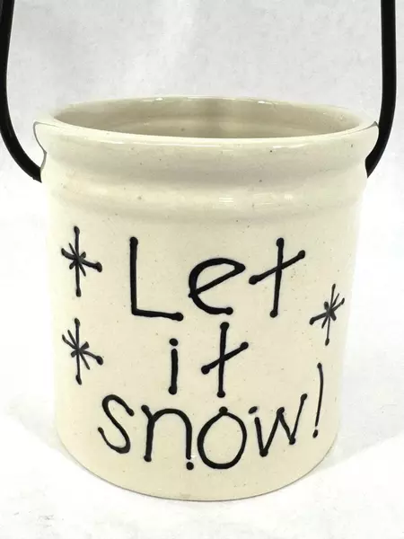Carlton Cards Let It Snow Ceramic Christmas Crock Beige Jar with Metal Handle