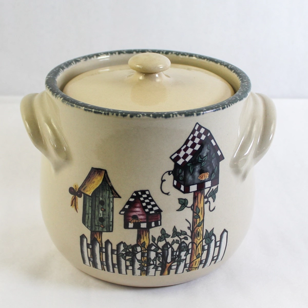 Home & Garden Ltd Handmade Cookie Jar 2002 Cream Birdhouses Kitchen Jar