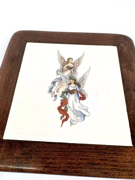 R. K. Lehmus Wood Ceramic Angel Tile Trivet Cork Back 8.76" Square