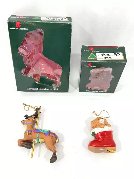 Lot of 2 American Greetings Christmas Ornaments Puppy & 1993 Carousel Reindeer