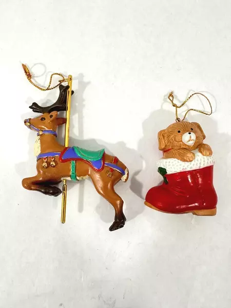 Lot of 2 American Greetings Christmas Ornaments Puppy & 1993 Carousel Reindeer