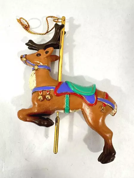 Lot of 2 American Greetings Christmas Ornaments Puppy & 1993 Carousel Reindeer