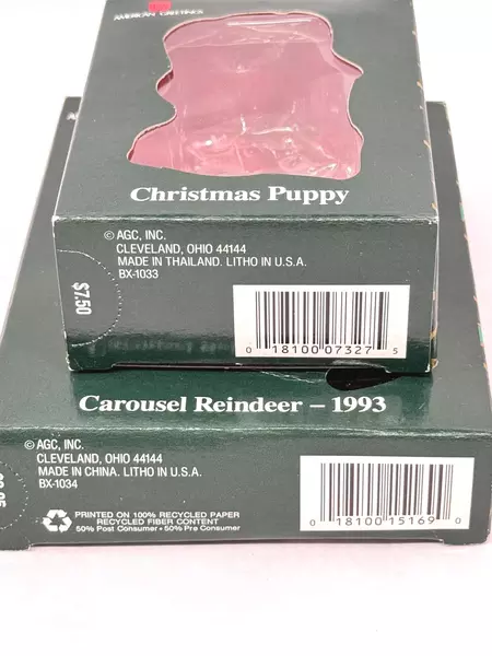 Lot of 2 American Greetings Christmas Ornaments Puppy & 1993 Carousel Reindeer