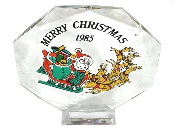 1985 Color Images Santa Claus Reindeer Glass Ornament with Stand & Box