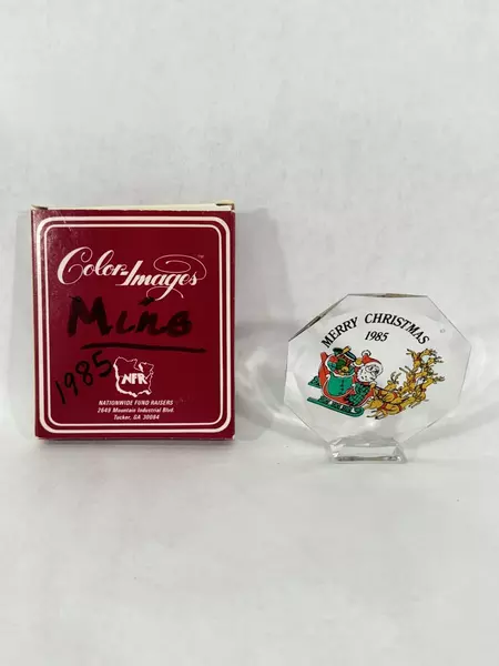 1985 Color Images Santa Claus Reindeer Glass Ornament with Stand & Box