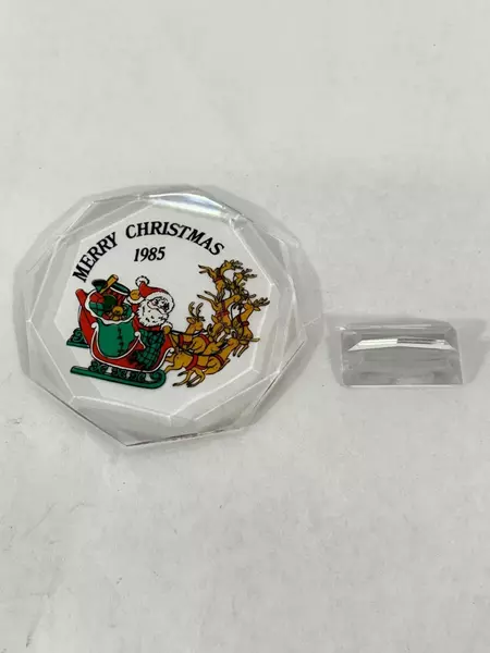 1985 Color Images Santa Claus Reindeer Glass Ornament with Stand & Box