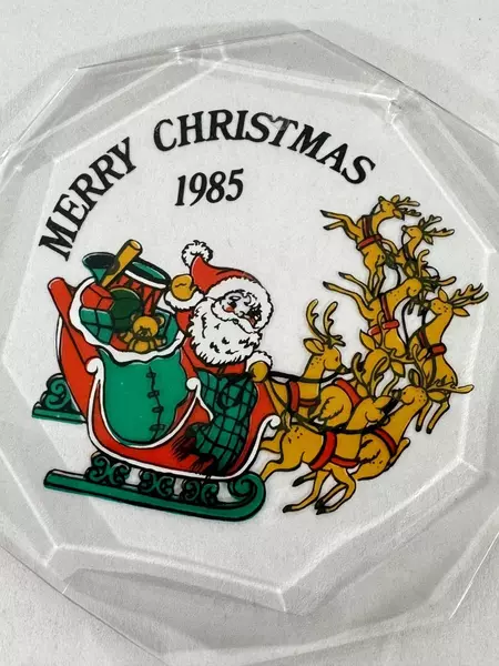 1985 Color Images Santa Claus Reindeer Glass Ornament with Stand & Box