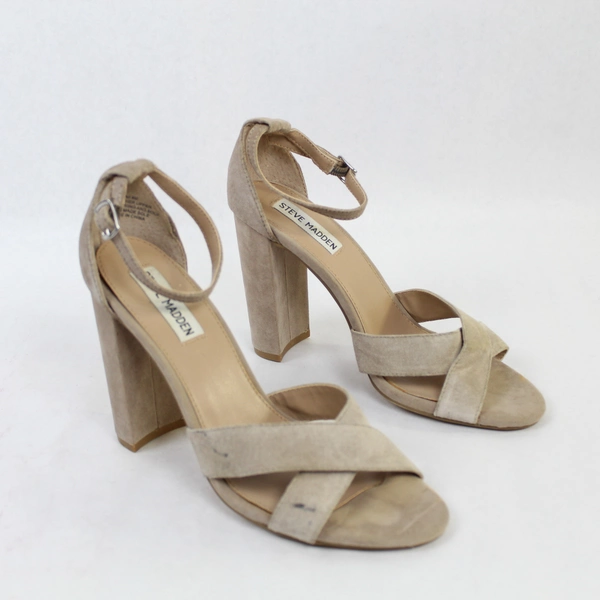 Steve Madden Saraii Sandal Heels Size 8M Beige Suede Leather Buckle Strap