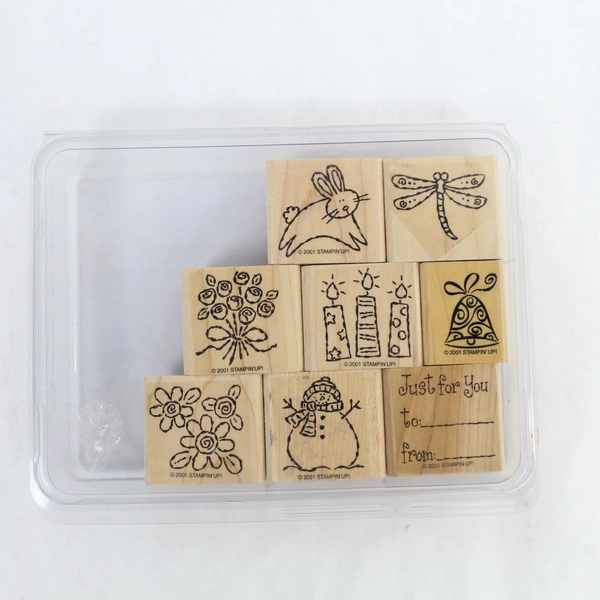 Lot of 8 Pre-Owned 2001 Stampin' Up Rubber Stamps Flowers Bunny Dragonfly