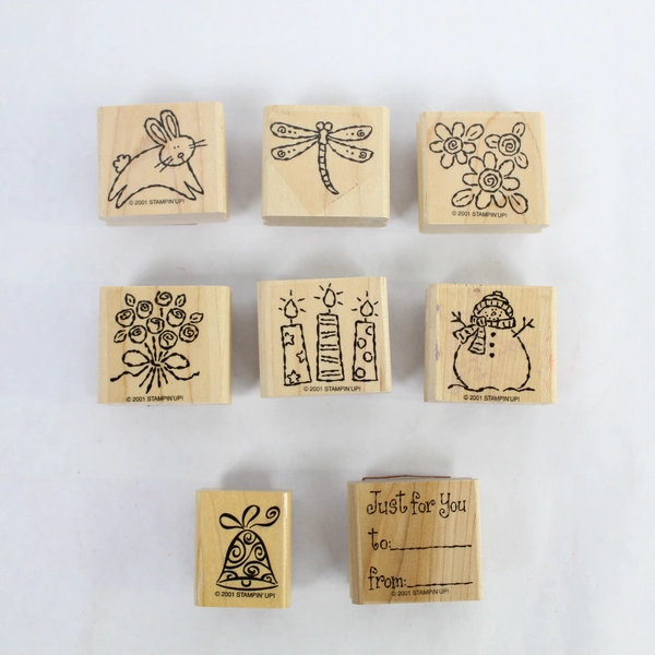 Lot of 8 Pre-Owned 2001 Stampin' Up Rubber Stamps Flowers Bunny Dragonfly