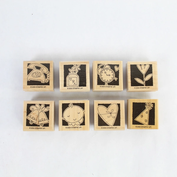 Lot of 8 2004 Stampin' Up Rubber Stamps Telephone Bells Clock Baby Hat