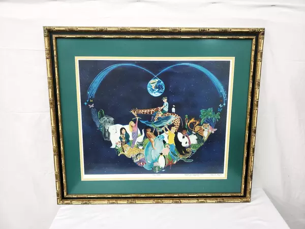 Vtg PBS One Heart Framed Art Print Lisa W. Lloyd Earth Animals Bamboo 32x37"